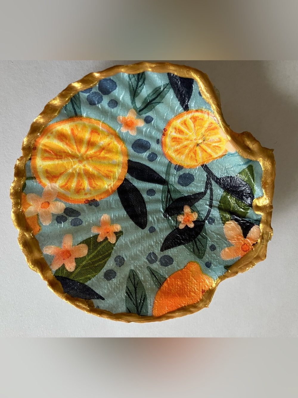 Handcrafted Citrus Orange Seashell Dish Decoupage 4-5inch Gold Metallic - Picture 2 of 4